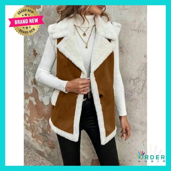 Faux Fur Sherpa Vest Sleeveless Suede Jacket Chic Warm Winter Outerwear - Picture 4 of 6